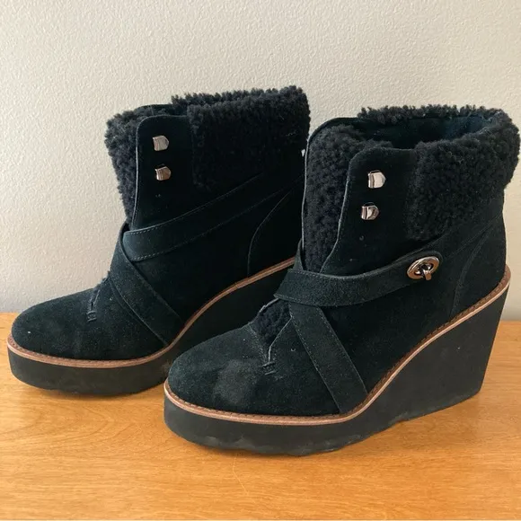Coach Kenna Black Wedge Booties with Shearling Details