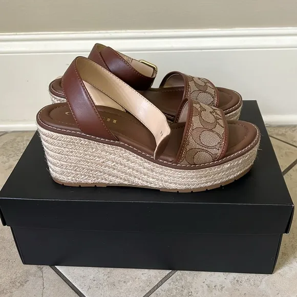 Coach Korey Espadrille In Signature Jacquard  Brown Wedge Sandals