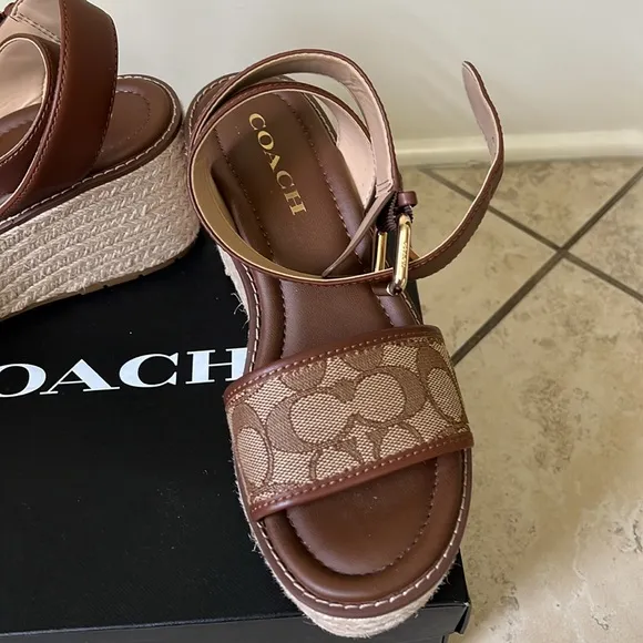 Coach Korey Espadrille In Signature Jacquard  Brown Wedge Sandals
