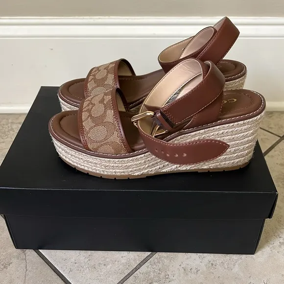 Coach Korey Espadrille In Signature Jacquard  Brown Wedge Sandals