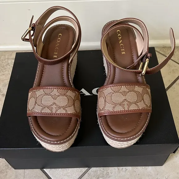 Coach Korey Espadrille In Signature Jacquard  Brown Wedge Sandals