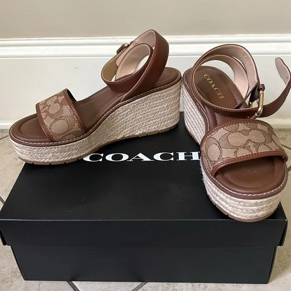 Coach Korey Espadrille In Signature Jacquard  Brown Wedge Sandals