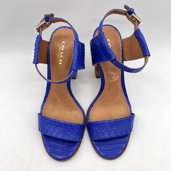 COACH Lexey Snake Embossed Leather Sandals 6 Cobalt Blue Stacked Block Heel