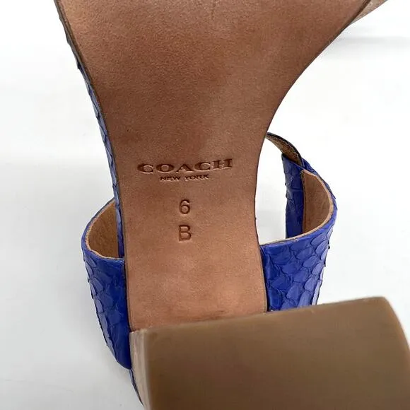 COACH Lexey Snake Embossed Leather Sandals 6 Cobalt Blue Stacked Block Heel