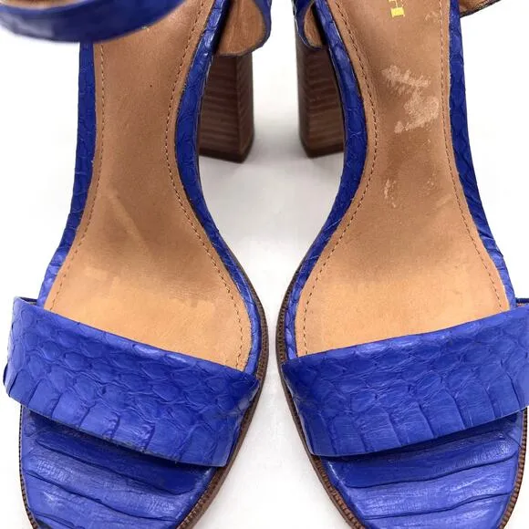 COACH Lexey Snake Embossed Leather Sandals 6 Cobalt Blue Stacked Block Heel