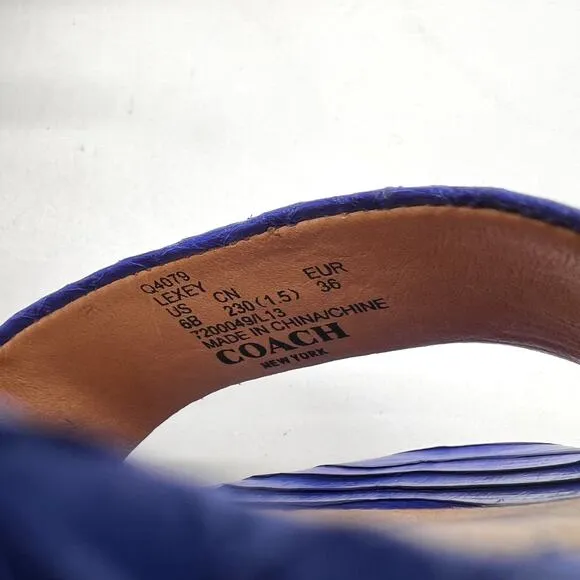 COACH Lexey Snake Embossed Leather Sandals 6 Cobalt Blue Stacked Block Heel