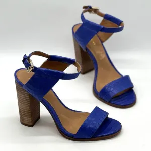 COACH Lexey Snake Embossed Leather Sandals 6 Cobalt Blue Stacked Block Heel