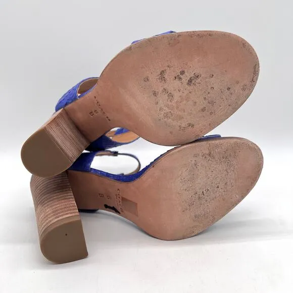 COACH Lexey Snake Embossed Leather Sandals 6 Cobalt Blue Stacked Block Heel