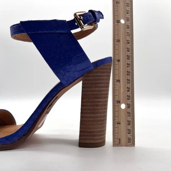 COACH Lexey Snake Embossed Leather Sandals 6 Cobalt Blue Stacked Block Heel