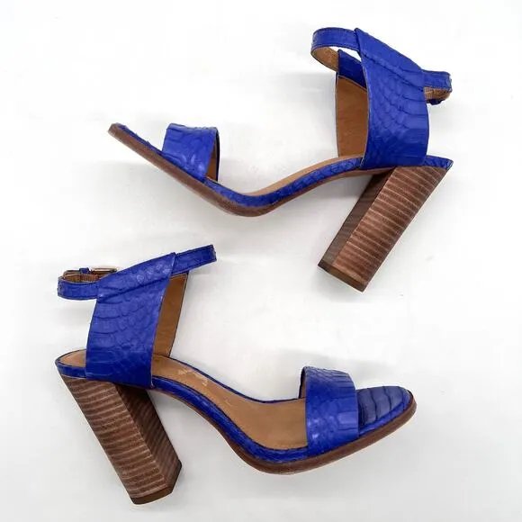 COACH Lexey Snake Embossed Leather Sandals 6 Cobalt Blue Stacked Block Heel