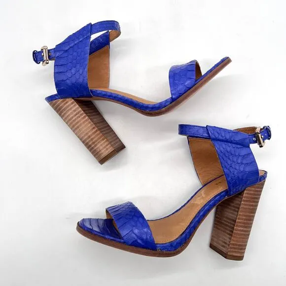 COACH Lexey Snake Embossed Leather Sandals 6 Cobalt Blue Stacked Block Heel