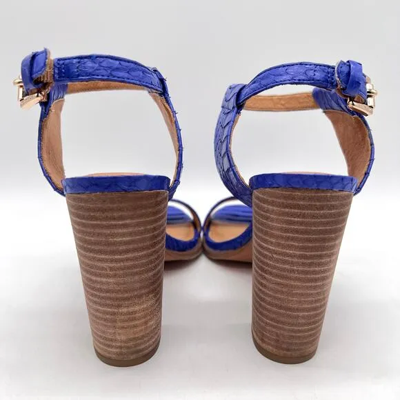 COACH Lexey Snake Embossed Leather Sandals 6 Cobalt Blue Stacked Block Heel