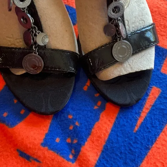 Coach Lucile Black Patent Leather with Coins Heeled Sandals Size 10B, NWT