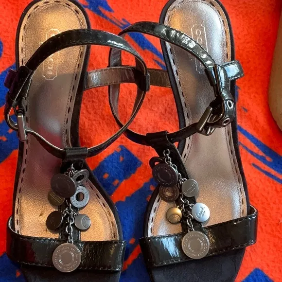Coach Lucile Black Patent Leather with Coins Heeled Sandals Size 10B, NWT