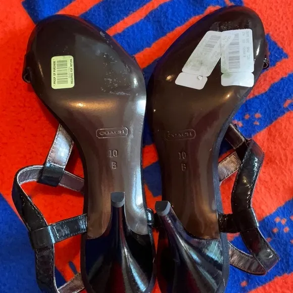 Coach Lucile Black Patent Leather with Coins Heeled Sandals Size 10B, NWT