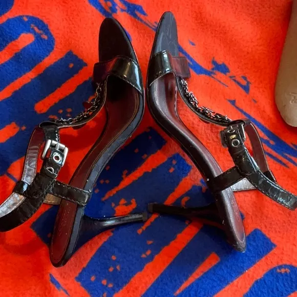 Coach Lucile Black Patent Leather with Coins Heeled Sandals Size 10B, NWT