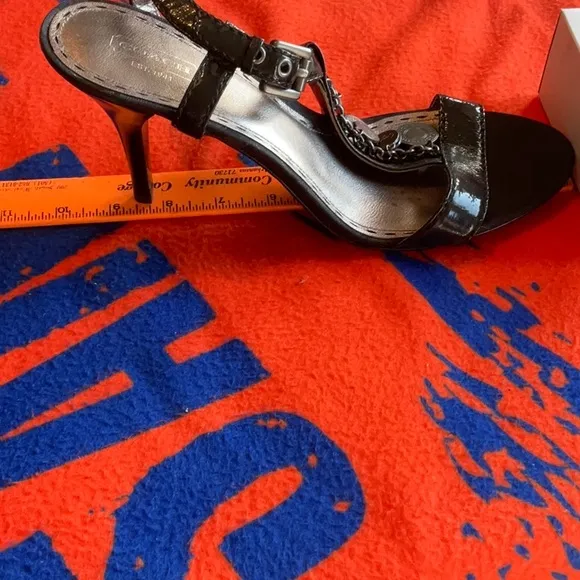 Coach Lucile Black Patent Leather with Coins Heeled Sandals Size 10B, NWT