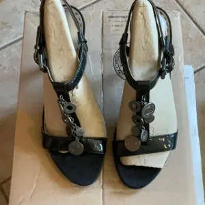 Coach Lucile Black Patent Leather with Coins Heeled Sandals Size 10B, NWT