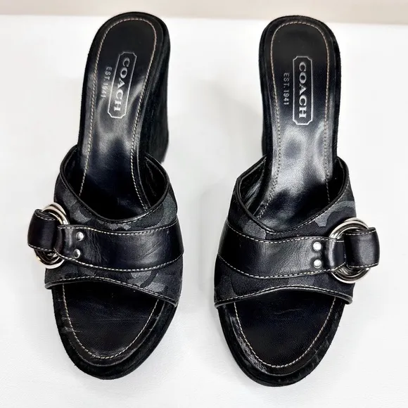Coach Meredith Wedge Sandals Black Suede Shoes SZ 6 Signature Print