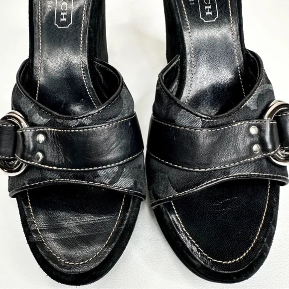 Coach Meredith Wedge Sandals Black Suede Shoes SZ 6 Signature Print