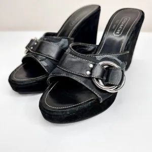 Coach Meredith Wedge Sandals Black Suede Shoes SZ 6 Signature Print