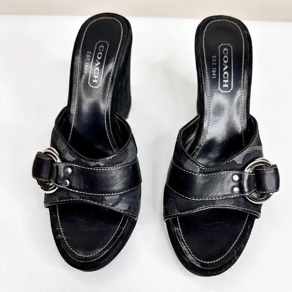 Coach Meredith Wedge Sandals Black Suede Shoes SZ 6 Signature Print