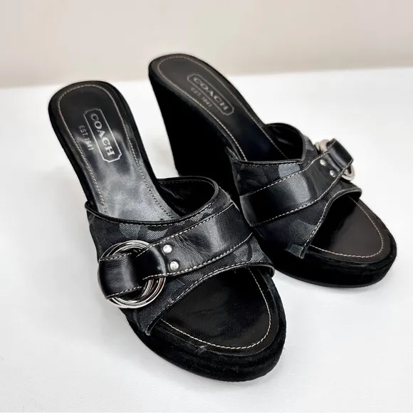Coach Meredith Wedge Sandals Black Suede Shoes SZ 6 Signature Print