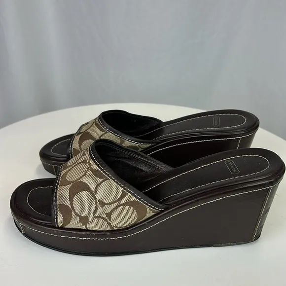 Coach Monogram Brown Wedge Leather Sandals Size 9 1/2B