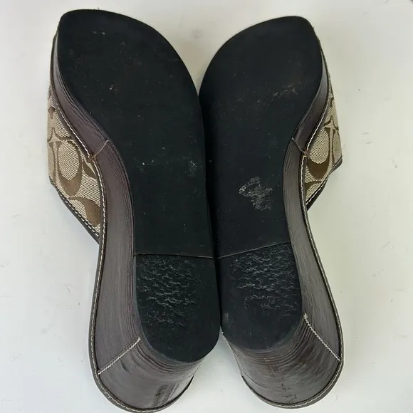 Coach Monogram Brown Wedge Leather Sandals Size 9 1/2B