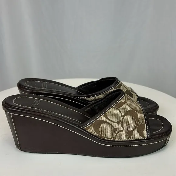 Coach Monogram Brown Wedge Leather Sandals Size 9 1/2B