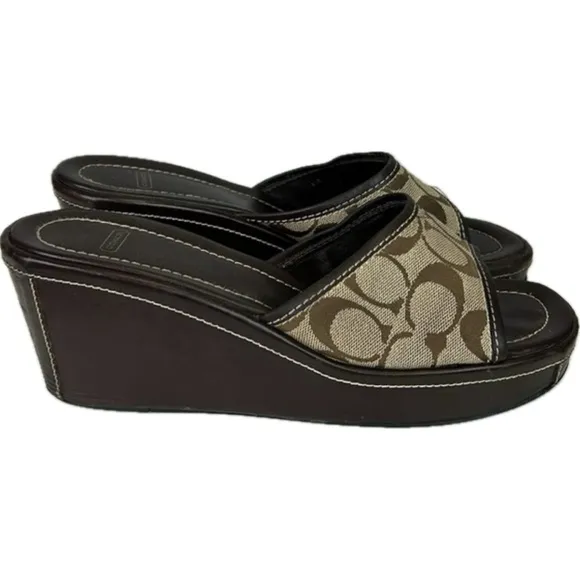 Coach Monogram Brown Wedge Leather Sandals Size 9 1/2B