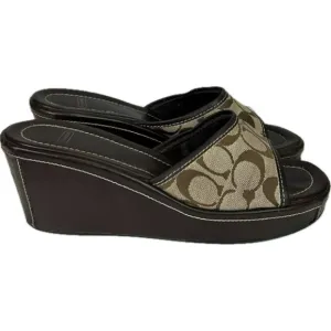 Coach Monogram Brown Wedge Leather Sandals Size 9 1/2B