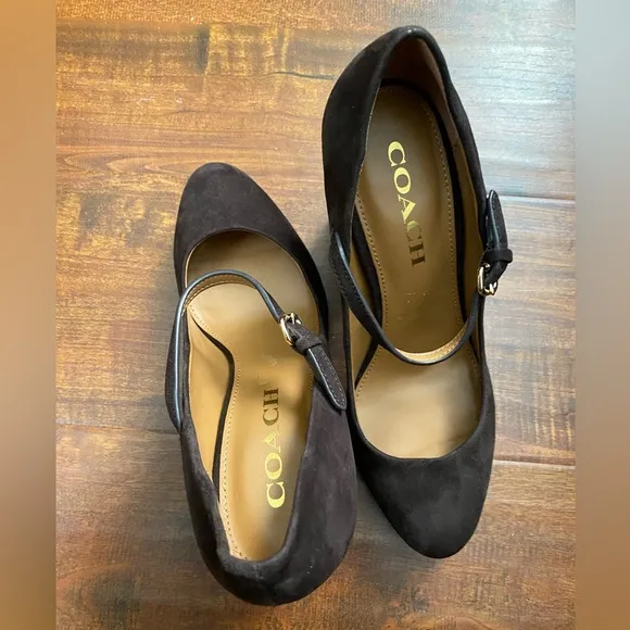 COACH Women's Mary Jane Platform Pumps Brown Suede Heels Shoes Chunky Heels 6.5