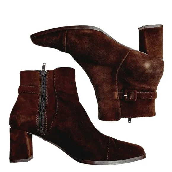 Coldwater Creek Brown Suede Leather boots size 6 Booties Square Toe Block Heel