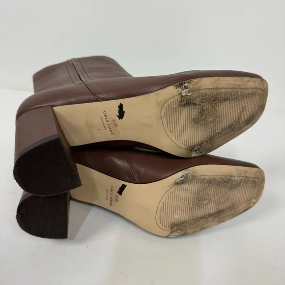 Cole Haan Brown Faux Leather Block Heel Ankle Boots Minimalist Neutral