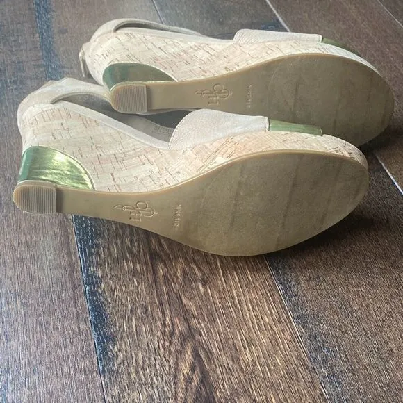 Cole Haan Irving leather wedge sandals size womens 10 nude and gold