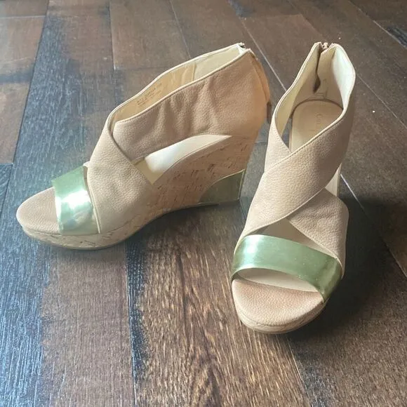 Cole Haan Irving leather wedge sandals size womens 10 nude and gold