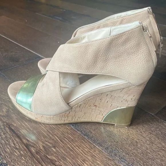 Cole Haan Irving leather wedge sandals size womens 10 nude and gold