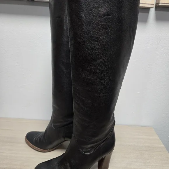 Cole Haan Made in ITALY Black Pebbled Leather Wood Block Heel Boots