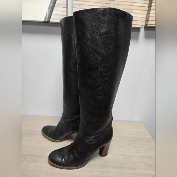 Cole Haan Made in ITALY Black Pebbled Leather Wood Block Heel Boots