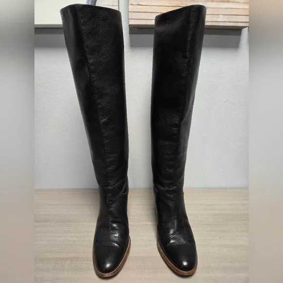 Cole Haan Made in ITALY Black Pebbled Leather Wood Block Heel Boots