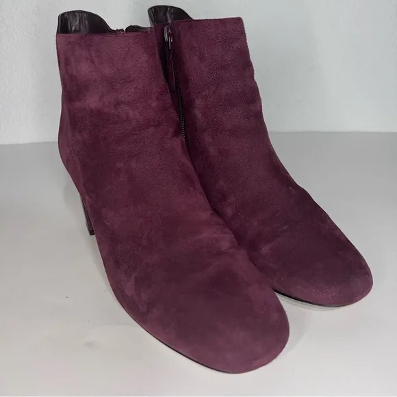 Cole Haan Nella Wine Suede &amp; Leather Block Heel Ankle Boots 9