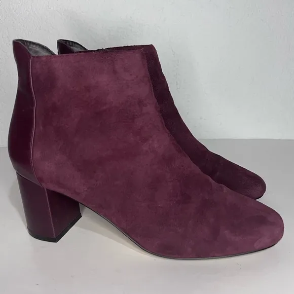 Cole Haan Nella Wine Suede &amp; Leather Block Heel Ankle Boots 9