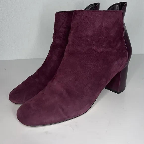 Cole Haan Nella Wine Suede &amp; Leather Block Heel Ankle Boots 9