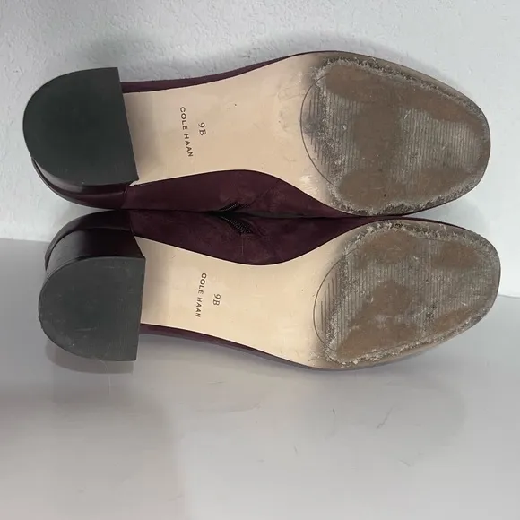 Cole Haan Nella Wine Suede &amp; Leather Block Heel Ankle Boots 9