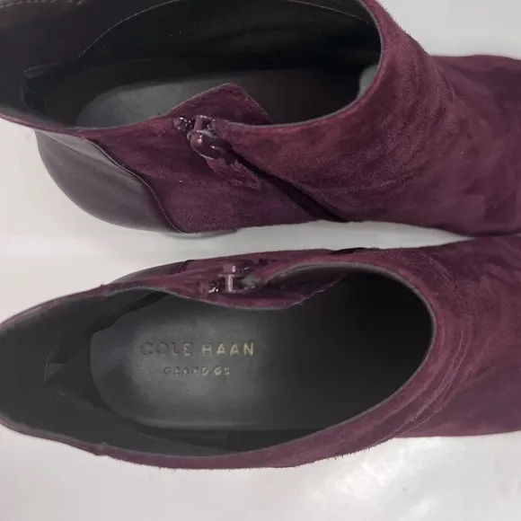 Cole Haan Nella Wine Suede &amp; Leather Block Heel Ankle Boots 9