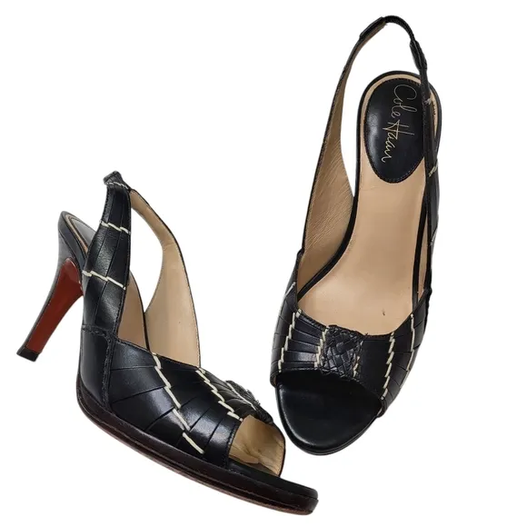 Cole Haan Nike Air slingback open toe black white detail leather pumps size 8.5