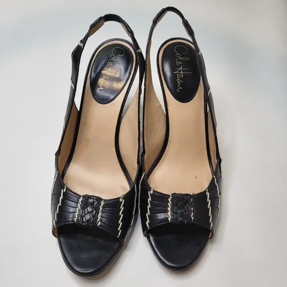 Cole Haan Nike Air slingback open toe black white detail leather pumps size 8.5