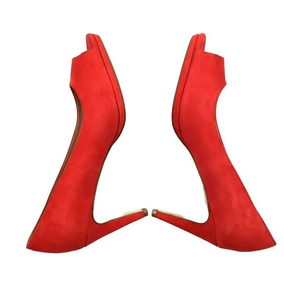Cole Haan Shoes Heels Women's sz 10 Drado Peep Toe Platform Pumps Red Suede NEW
