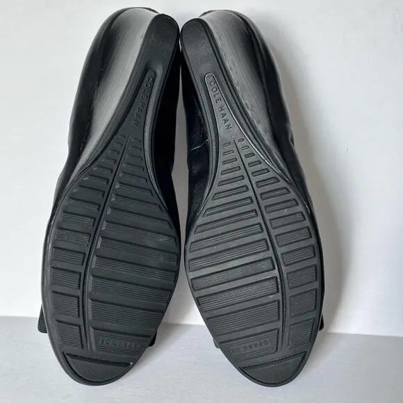 Cole Haan Tali Grand Bow Wedge Pumps Women's 9 Black Leather Sandals Shoes Heels